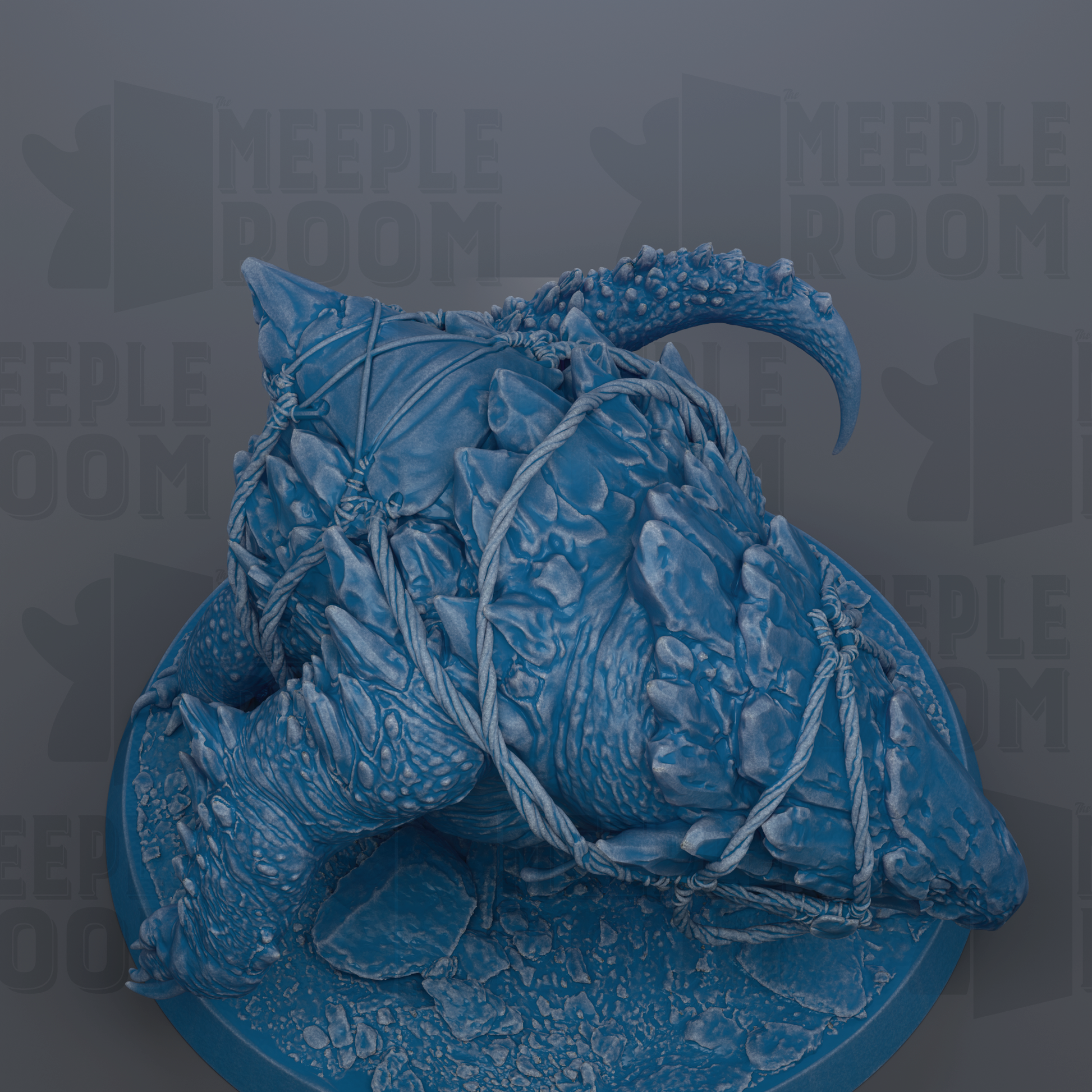 A detailed 3D rendering of a blue, rocky creature with sharp teeth and claws, sitting on a blue base.