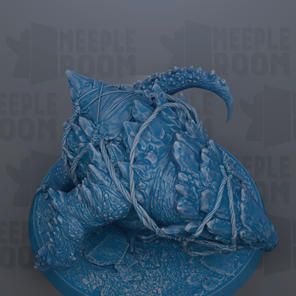 A detailed 3D rendering of a blue, rocky creature with sharp teeth and claws, sitting on a blue base.