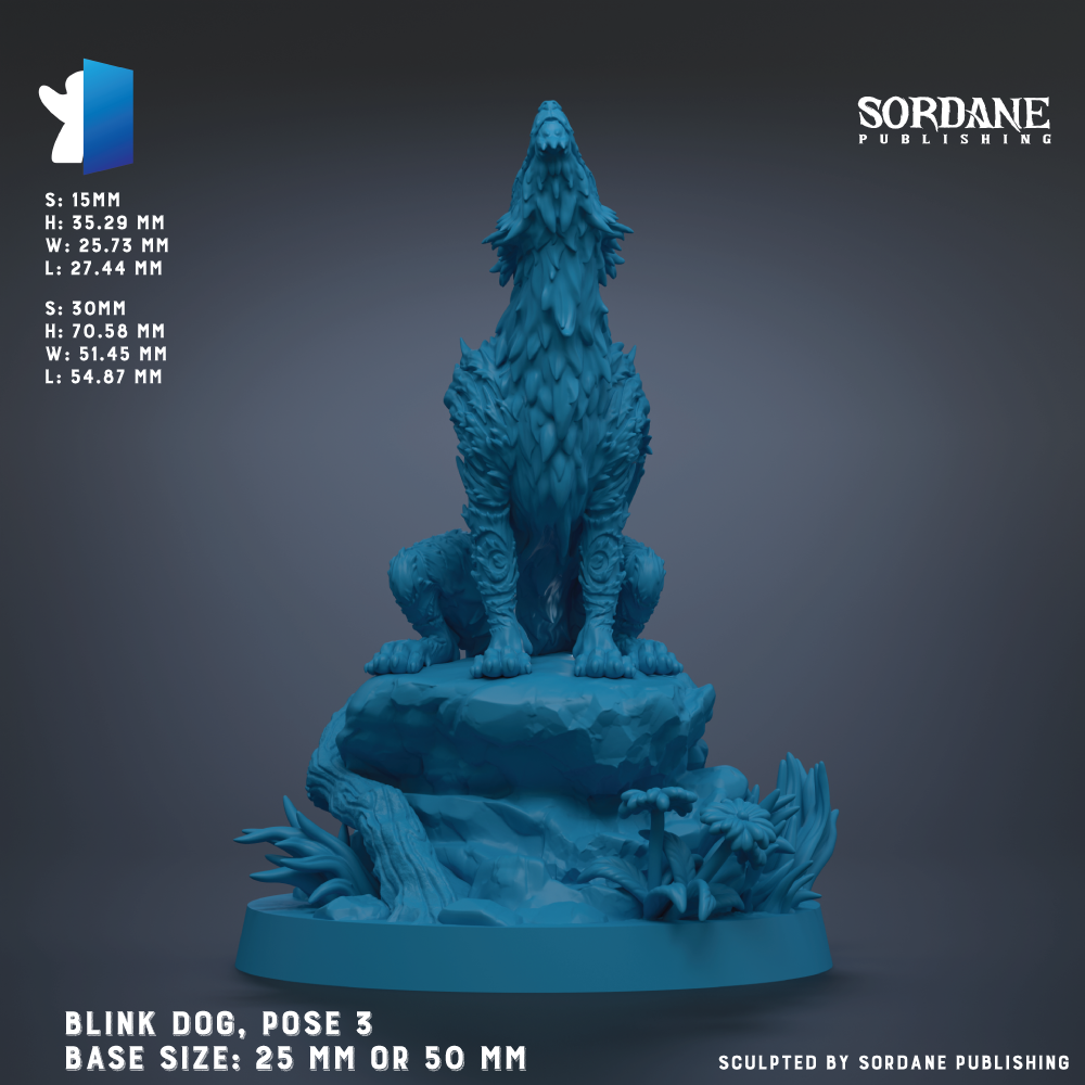 The image is a 3D rendering of a blue, fantastical creature resembling a dragon or wolf, sitting on a rock formation. The creature has a fierce expression and appears to be roaring or howling. The image is described as a "Blink Dog, pose 3" and is shown in a base size of 25 mm or 50 mm. The image is published by Sordane Publishing.