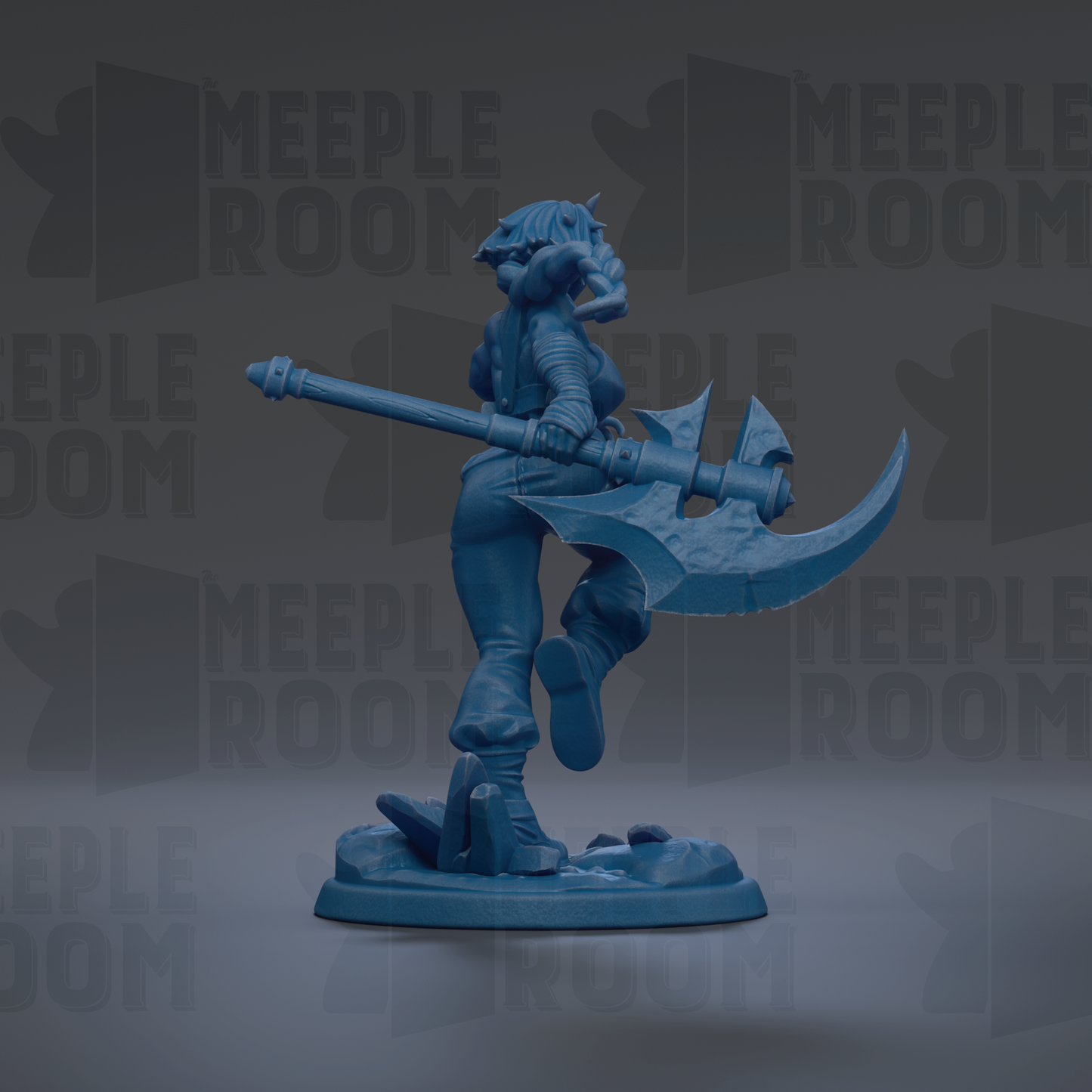 A blue figurine of a person holding a large weapon, possibly a sword or axe, stands in the center of the image against a dark background with repeated text.