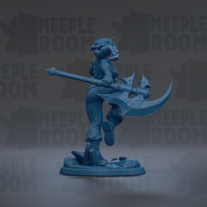 A blue figurine of a person holding a large weapon, possibly a sword or axe, stands in the center of the image against a dark background with repeated text.