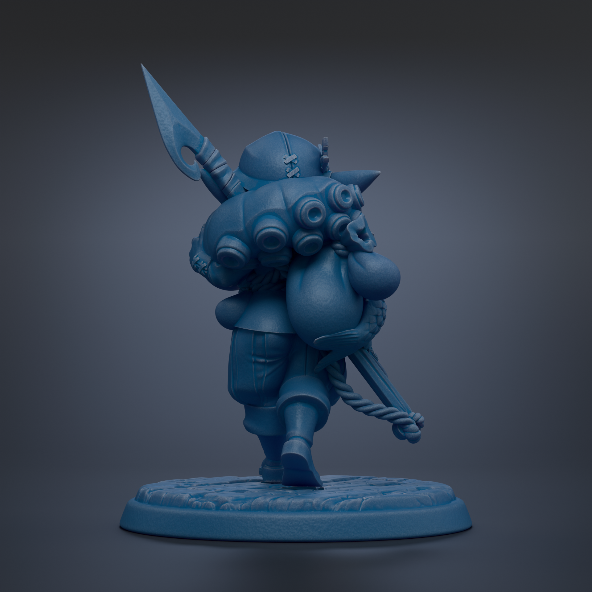 A blue, 3D-rendered statue of a character with a pointed hat and a large bag on their back, standing on a blue base.