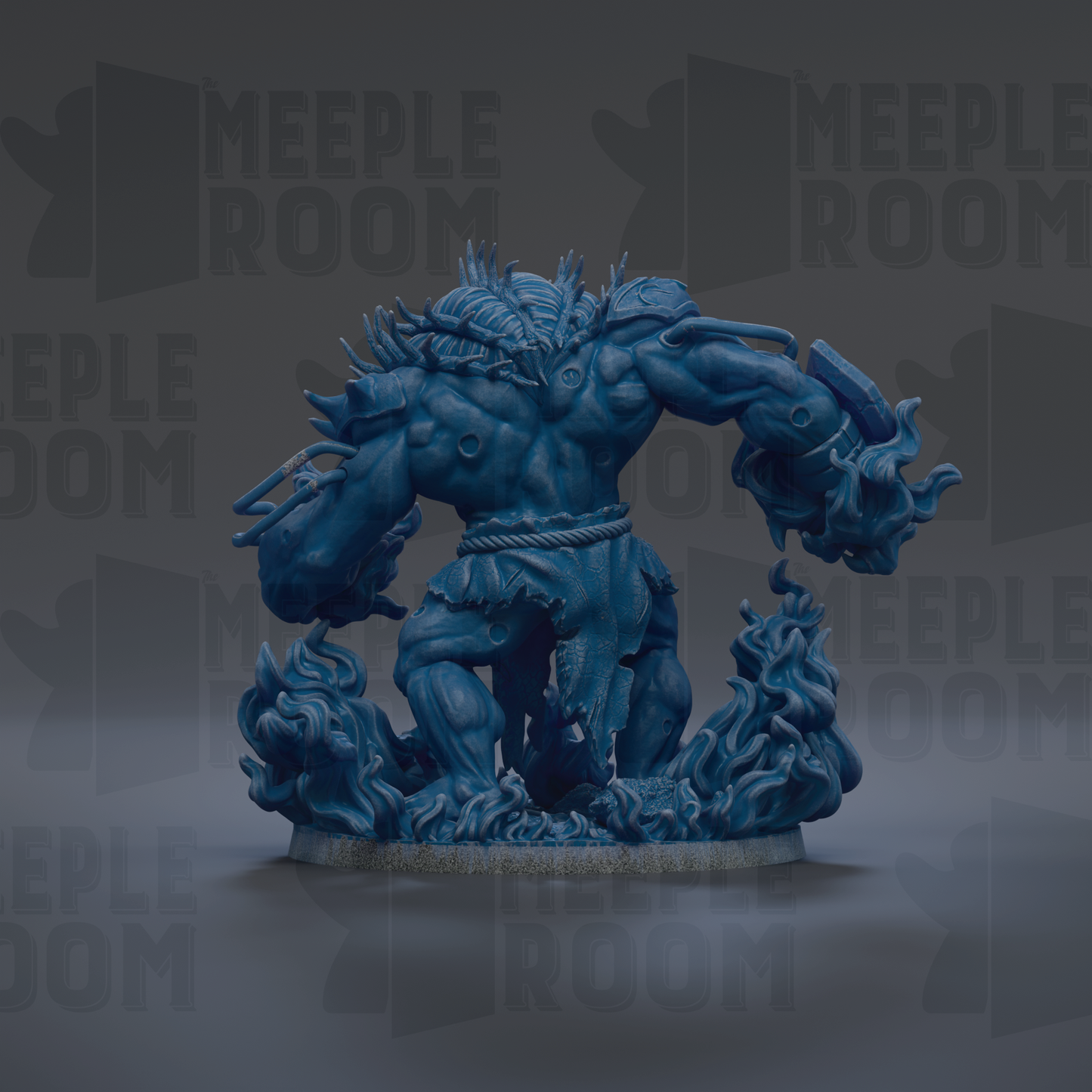 A blue, fantastical creature with sharp teeth and claws, surrounded by flames and other elements, is the central focus of the image.
