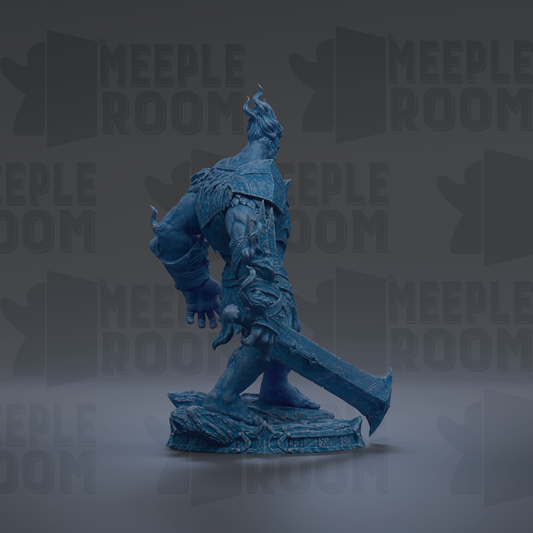 A blue statue of a warrior figure holding a sword, standing on a rock formation against a dark background with repeated text.