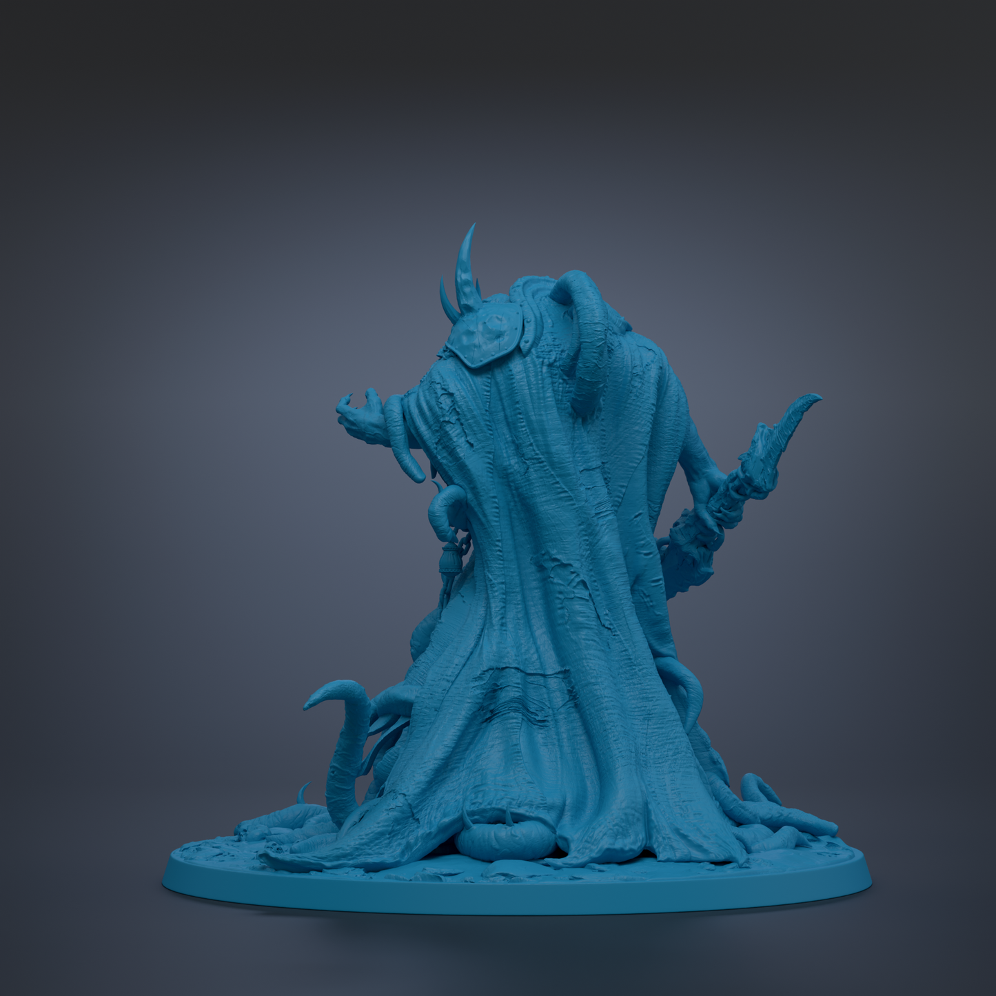 A 3D rendering of a blue, fantastical creature with a long, flowing tail and sharp, pointed horns.