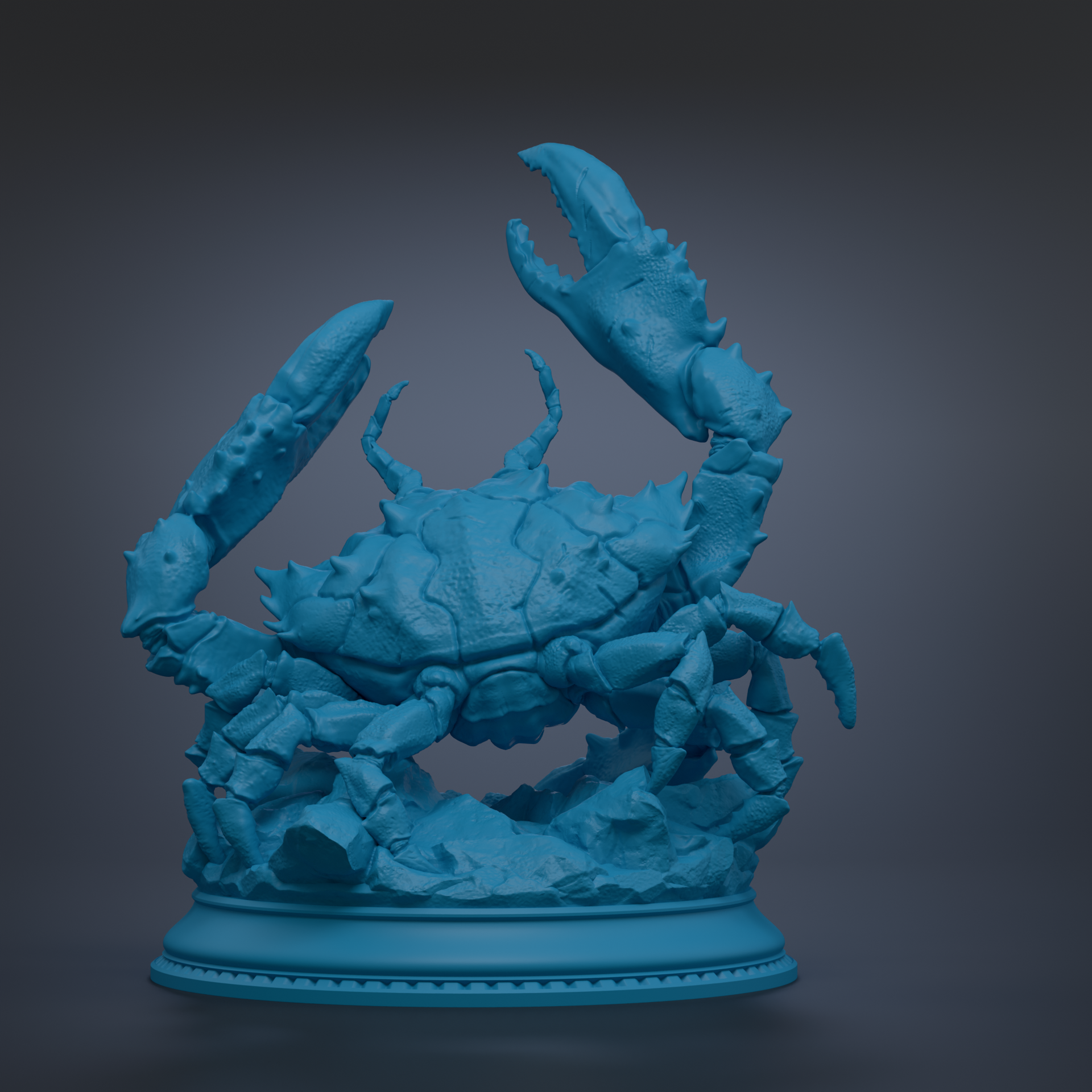 A 3D rendering of a blue crab statue with its claws raised, standing on a base.