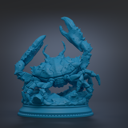 A 3D rendering of a blue crab statue with its claws raised, standing on a base.
