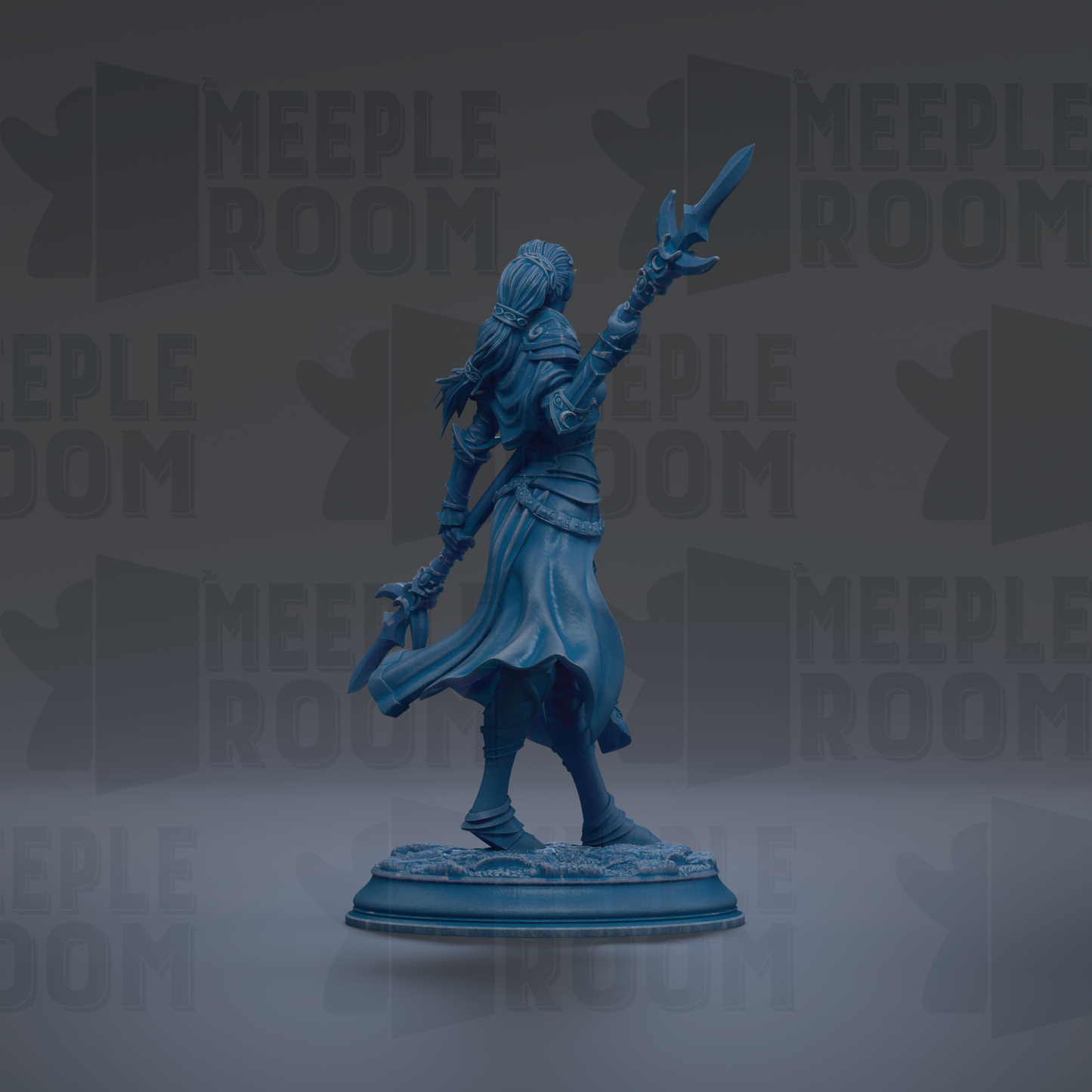 A blue figurine of a warrior standing on a pedestal, holding a spear and sword, against a dark background with repeated text.
