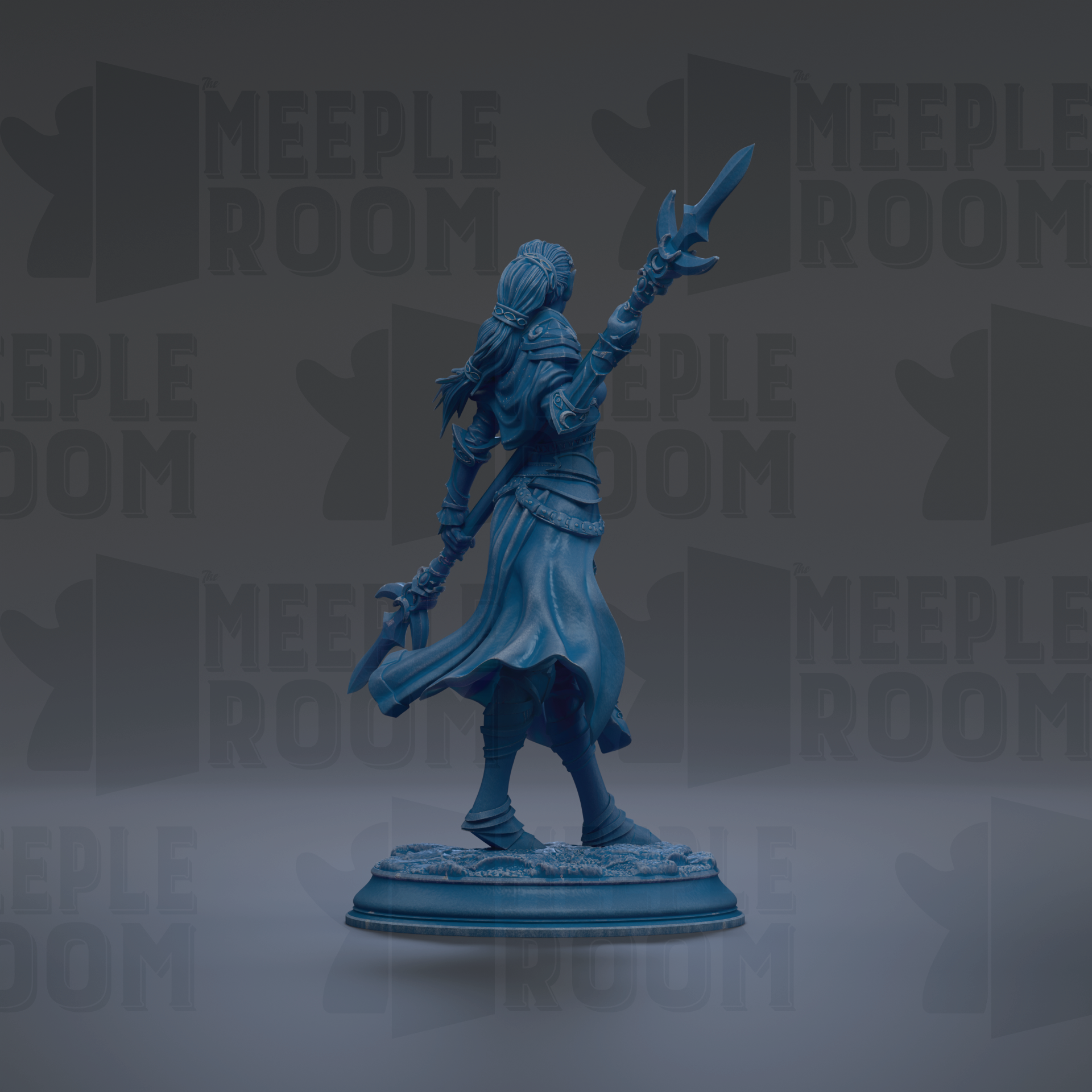 A blue figurine of a warrior standing on a pedestal, holding a spear and sword, against a dark background with repeated text.