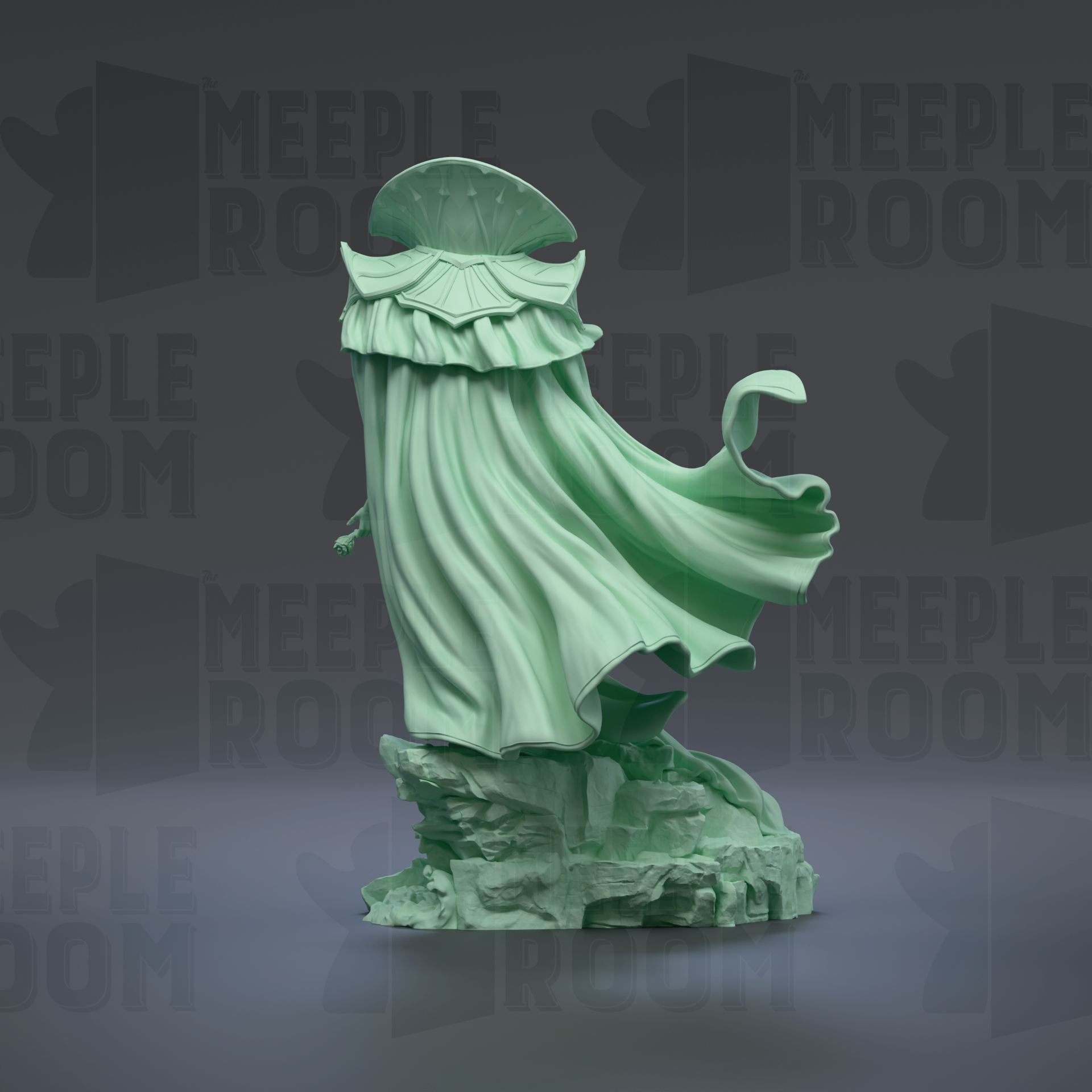 A green statue of a figure with flowing robes stands on a rock formation against a dark background with repeated text.