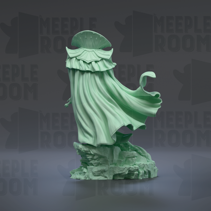 A green statue of a figure with flowing robes stands on a rock formation against a dark background with repeated text.