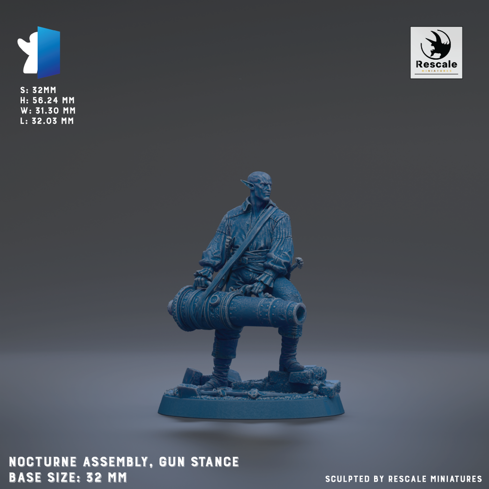a blue figurine of a character with a gun, sitting on a base. The figurine is described as a "Necturne Assembly, Gun Stance" and is shown in a 3D rendering. The base size of the figurine is 32mm.