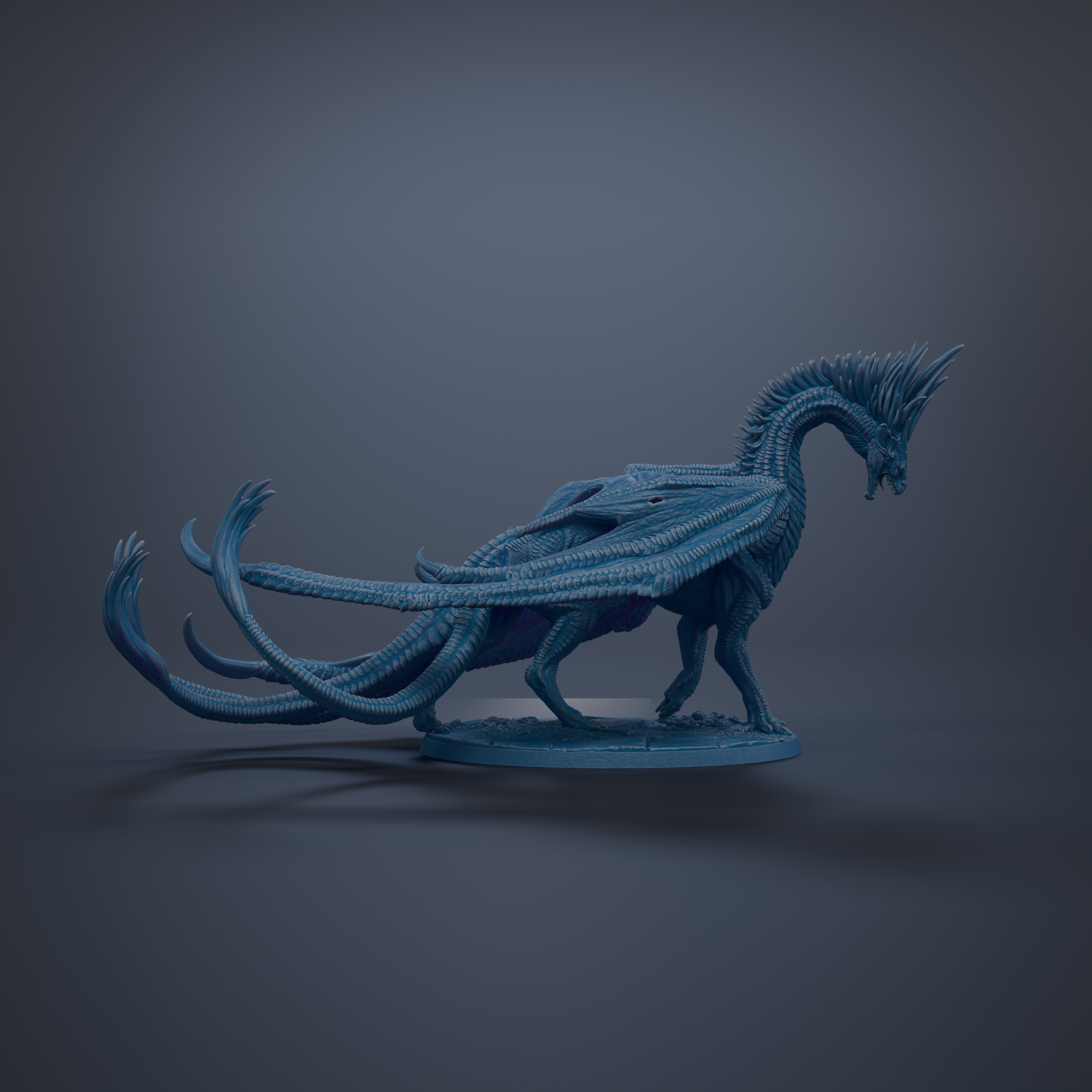 A detailed 3D rendering of a blue dragon statue with long, flowing wings and sharp teeth, standing on a platform against a dark background.
