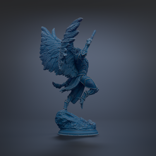 A blue statue of a winged figure holding a sword, standing on a rock.