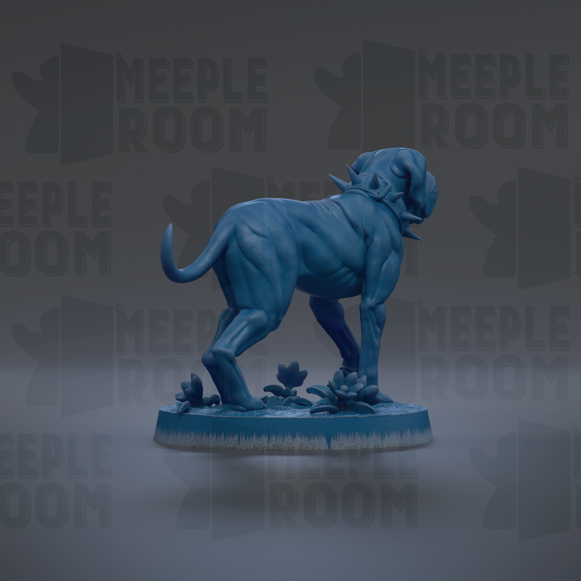 A blue, 3D-rendered dog statue is shown in a standing position, with a background that repeats the text "MEIPLE ROOM" in a stylized font.