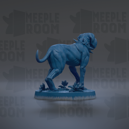 A blue, 3D-rendered dog statue is shown in a standing position, with a background that repeats the text "MEIPLE ROOM" in a stylized font.
