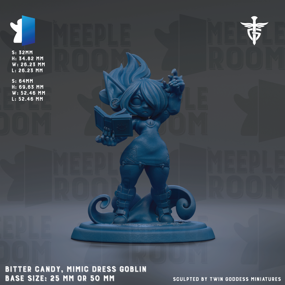 The image is a figurine of a character named Bitter Candy, a mimic dress goblin, standing on a base. The figurine is described as having a size of 25mm or 50mm. The background of the image is a dark gray color, and there is text that reads "MEEPLE ROOM" repeated multiple times throughout the image.