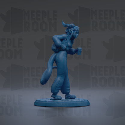 A blue figurine of a person standing on a platform, holding a cup in their hand.