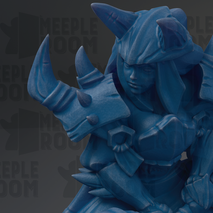 A blue, sculpted figure with horns and a detailed design, set against a dark background with repeated text.