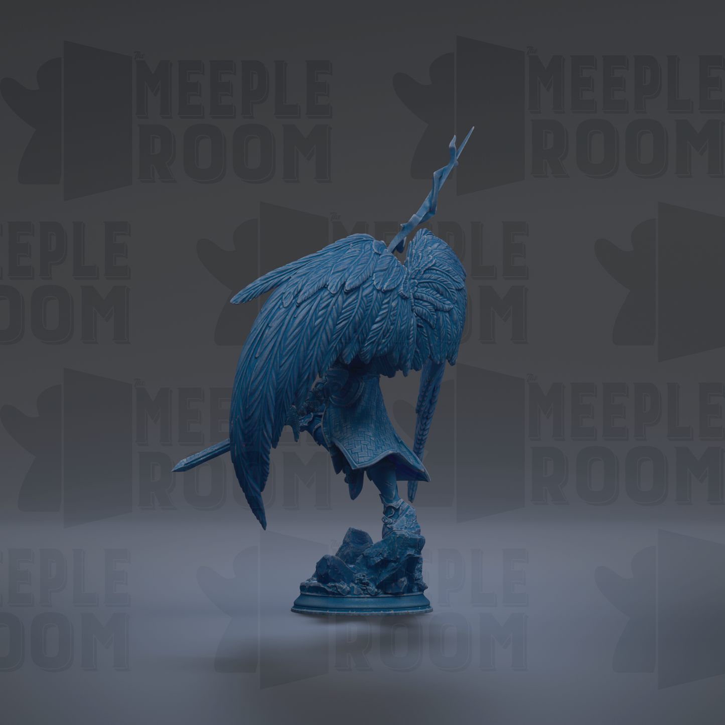 A blue statue of a winged figure with a sword stands against a dark background with repeated "MEIPLE ROOM" text.