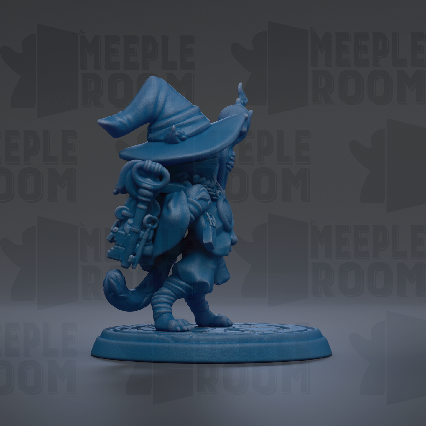 A blue figurine of a wizard or magical character, wearing a pointed hat and carrying a staff, standing on a platform.