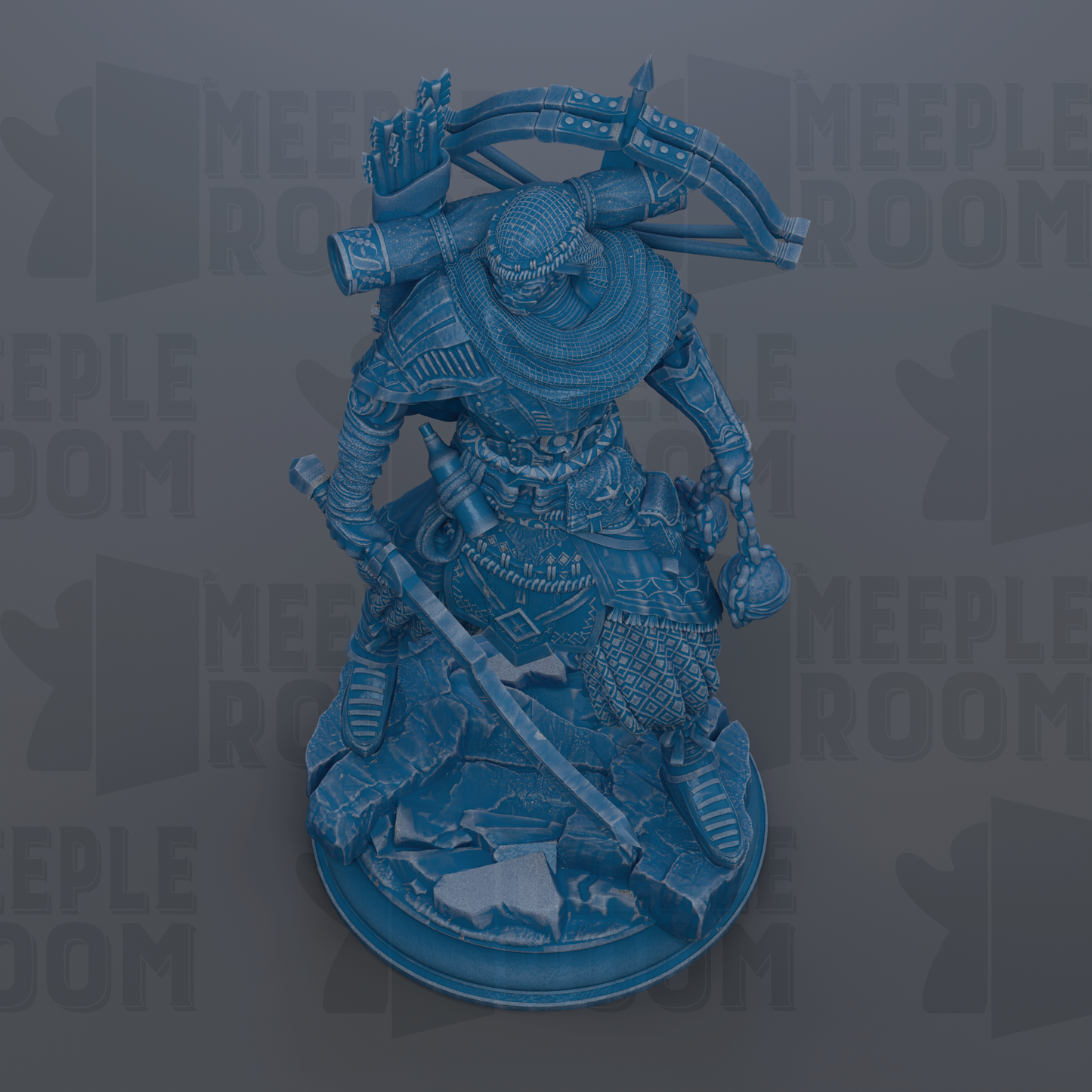 A 3D rendering of a blue armored figure holding a crossbow, standing on a rocky base.