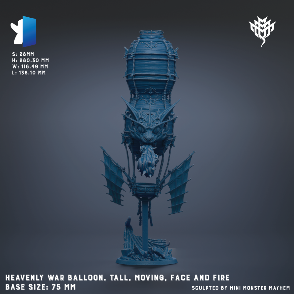 A 3D model of a blue war balloon with a face and fire, designed to resemble a tall, moving, and fire-breathing creature.