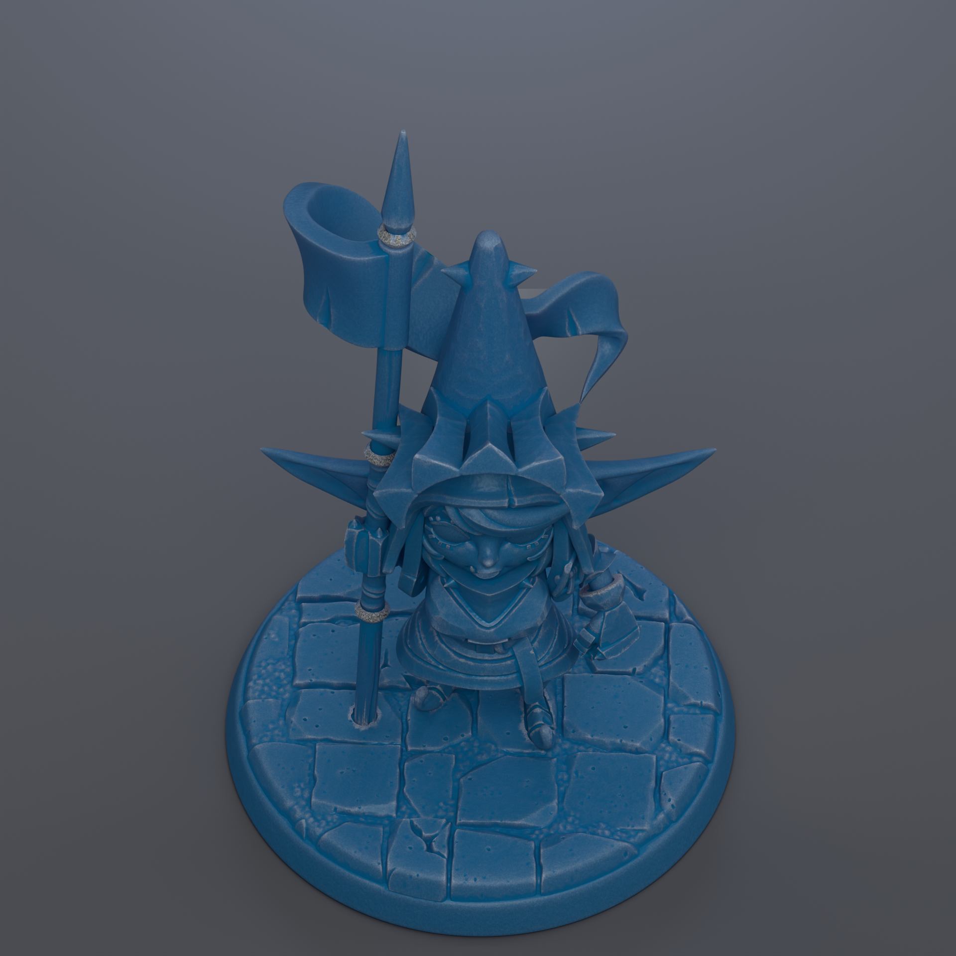 A blue, 3D-rendered fantasy character with a pointed hat and a flag, sitting on a blue base with a stone or brick pattern.