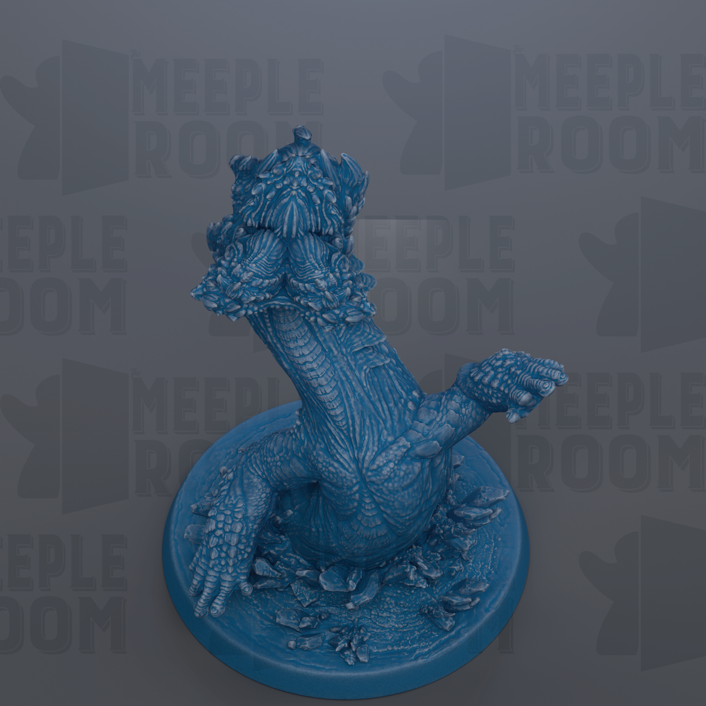 A blue, textured figurine of a creature with a large head and long neck, sitting on a blue base.