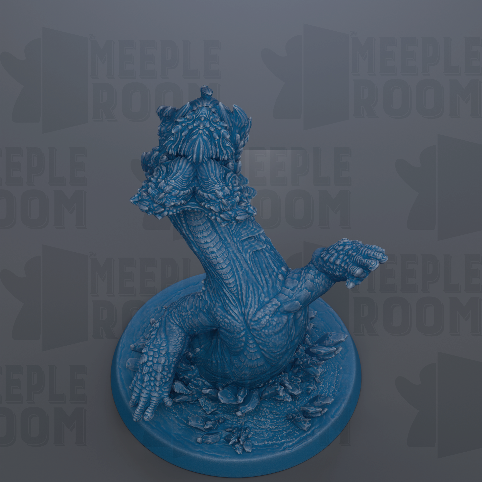 A blue, textured figurine of a creature with a large head and long neck, sitting on a blue base.