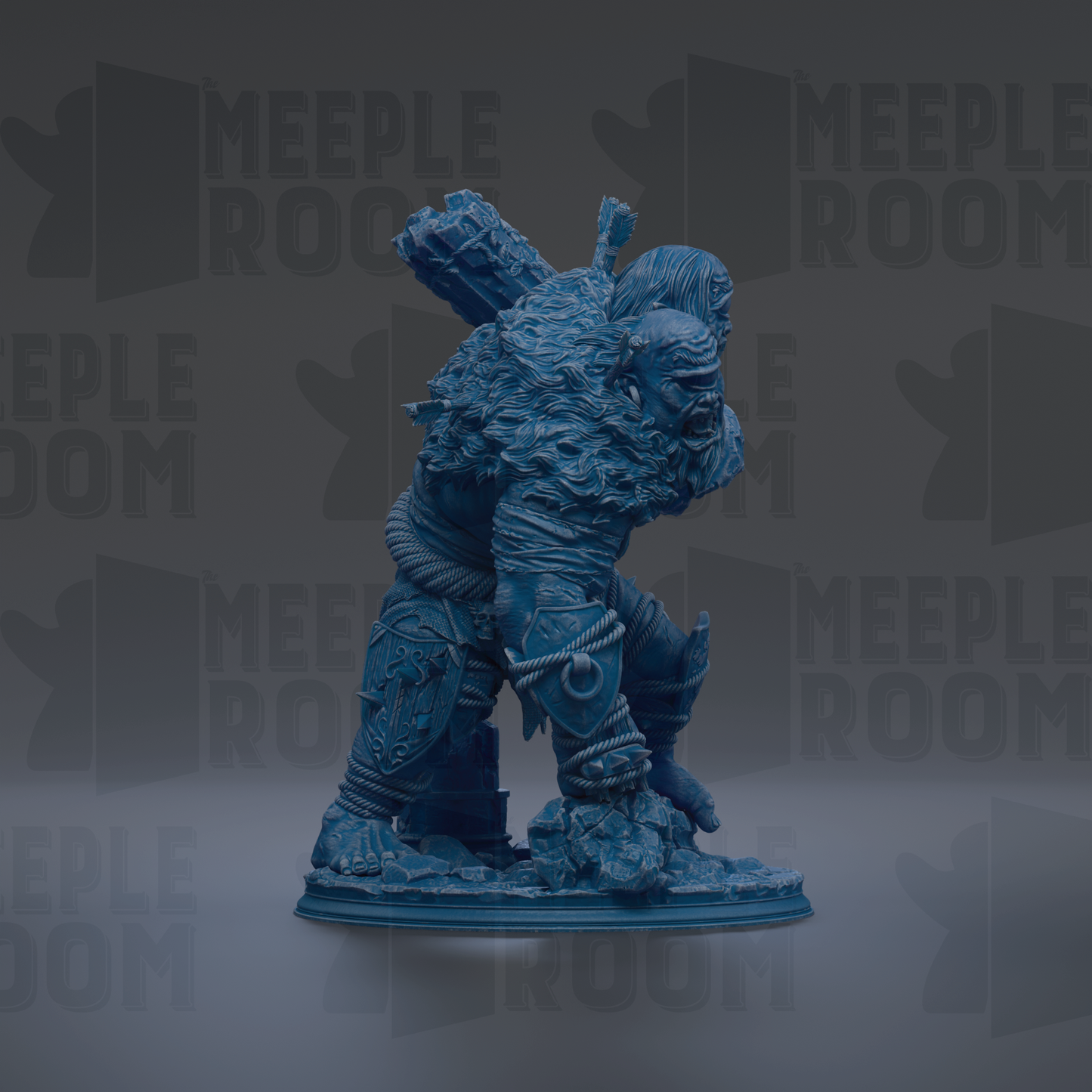A blue, detailed statue of a fantastical creature with a large head, long neck, and intricate armor-like armor.