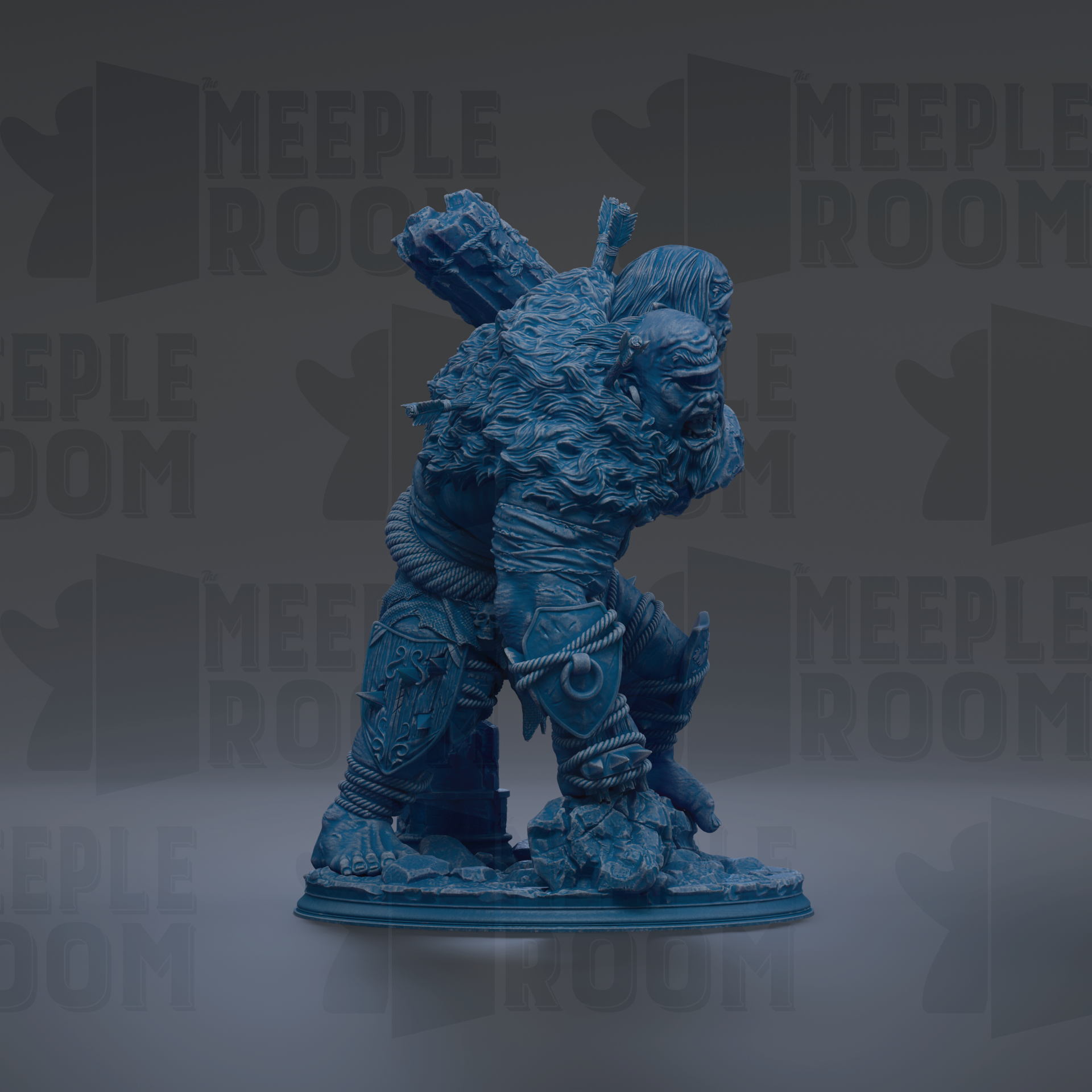A blue, detailed statue of a fantastical creature with a large head, long neck, and intricate armor-like armor.
