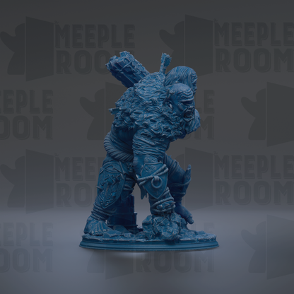 A blue, detailed statue of a fantastical creature with a large head, long neck, and intricate armor-like armor.