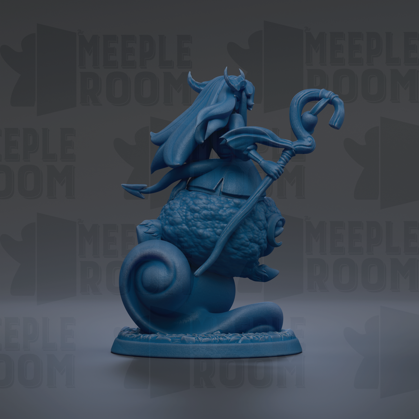 A blue figurine of a woman with horns and a long flowing hair, holding a staff and standing on a rock.