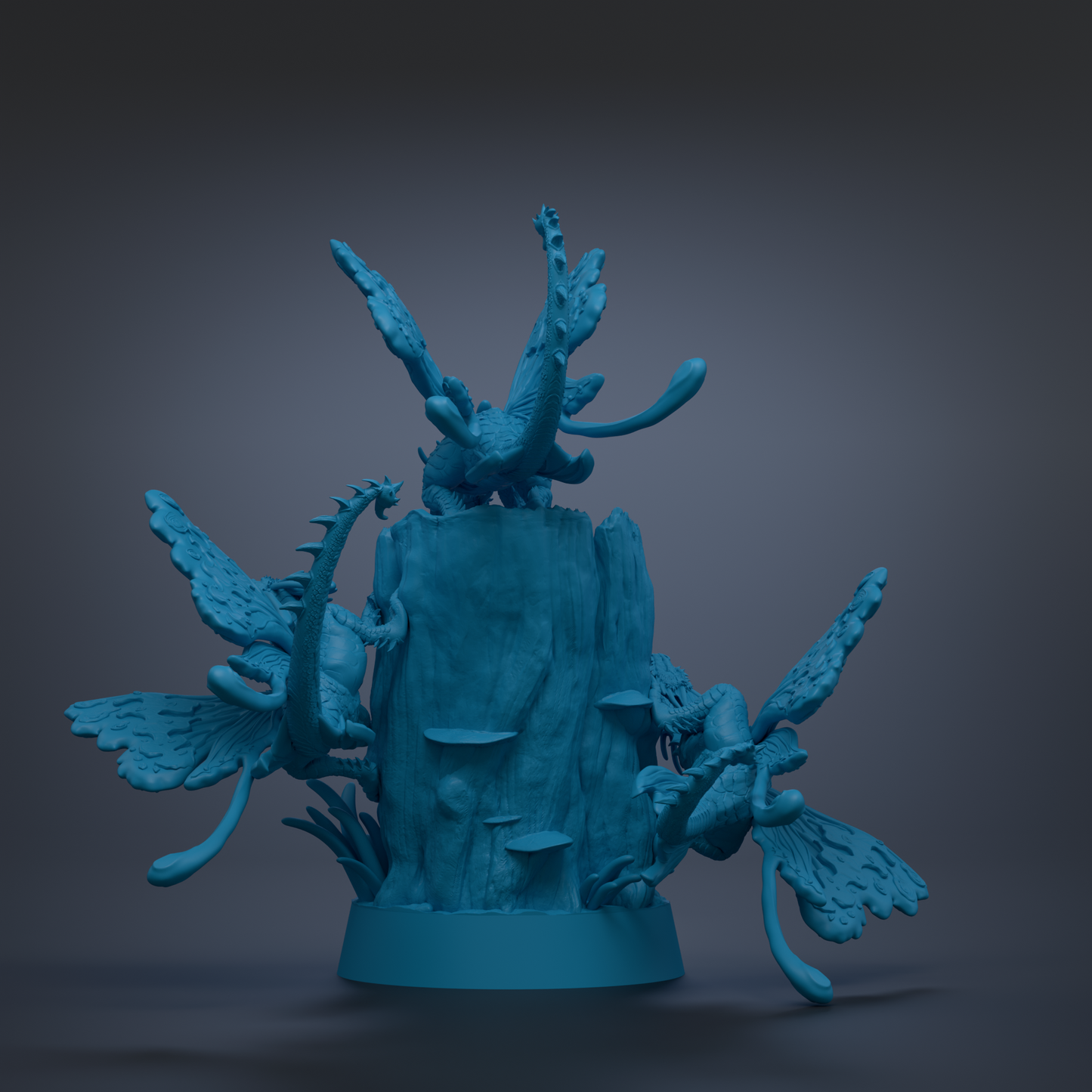 A 3D rendering of a blue, fantastical creature with wings and a tail, perched on a blue base with a plant-like structure.