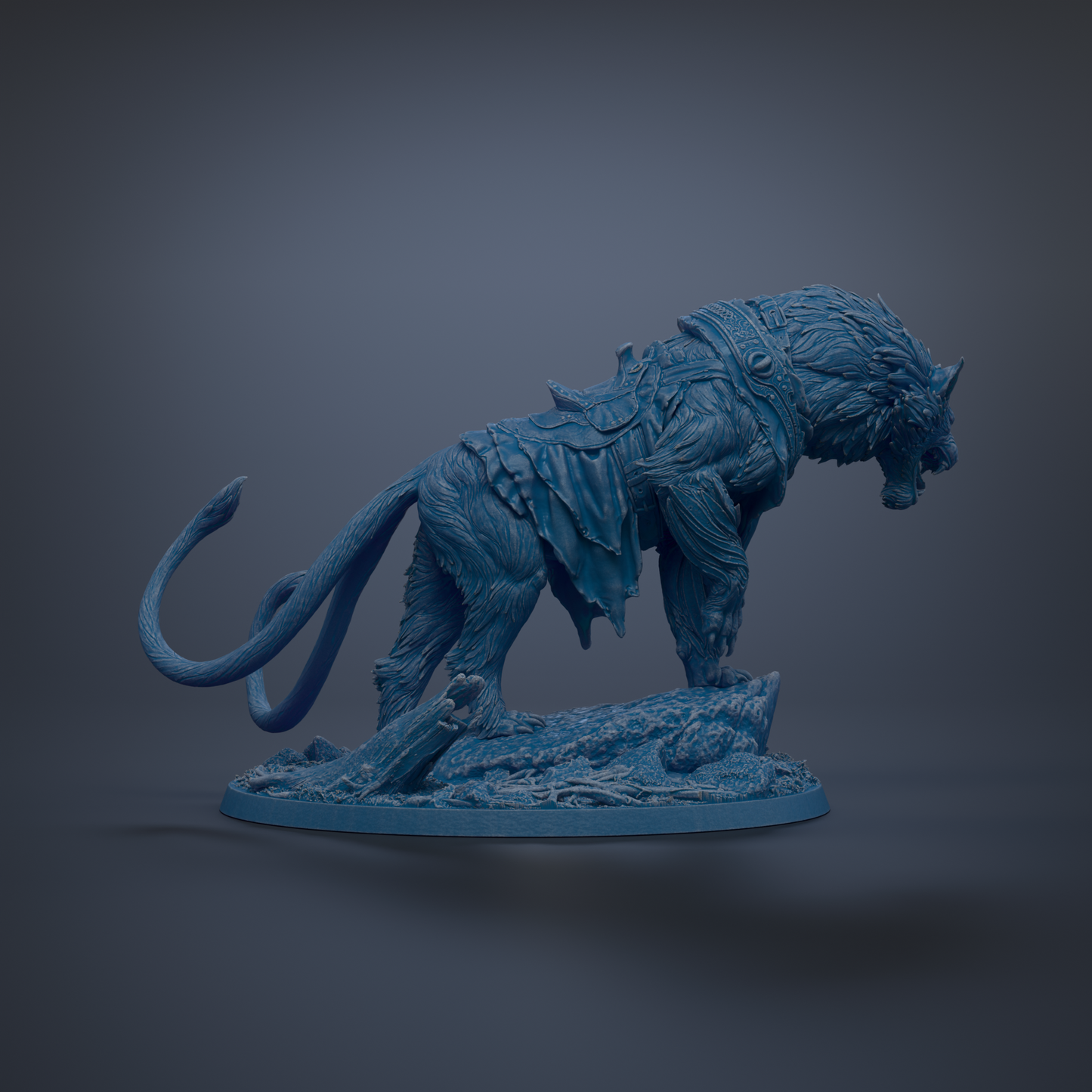 A blue, 3D-rendered statue of a fierce-looking creature with a long tail and sharp teeth, standing on a base.
