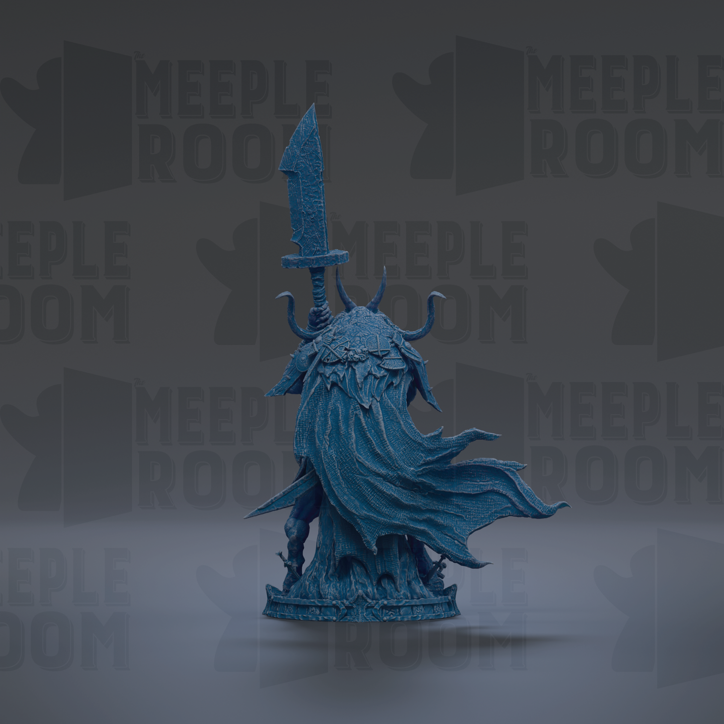 A blue, fantastical creature with horns and a flowing cape stands prominently in the center of the image against a dark background.