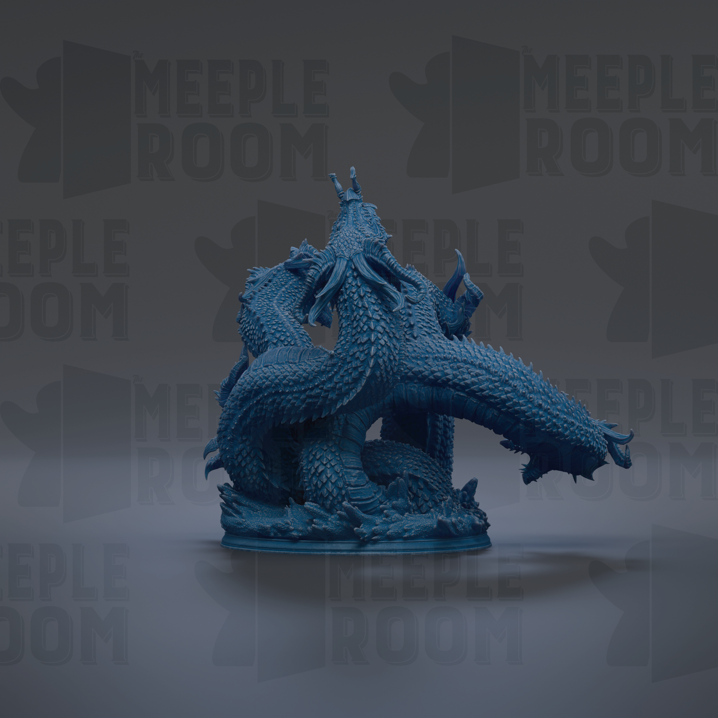 A large, detailed blue dragon figurine is displayed against a dark background with repeated text.