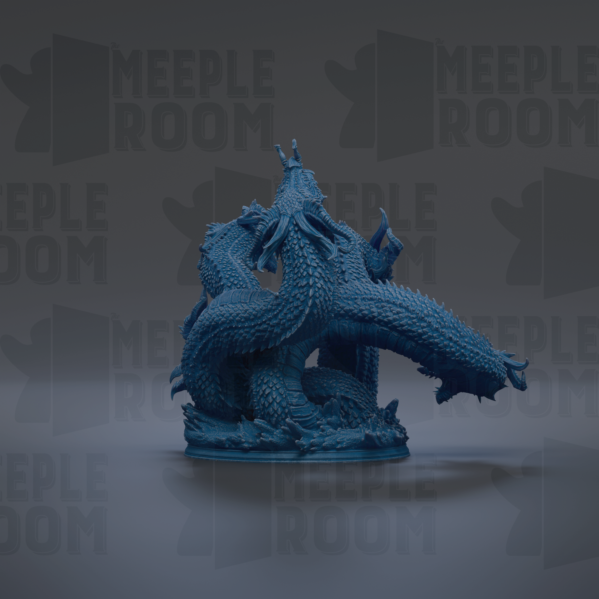 A large, detailed blue dragon figurine is displayed against a dark background with repeated text.