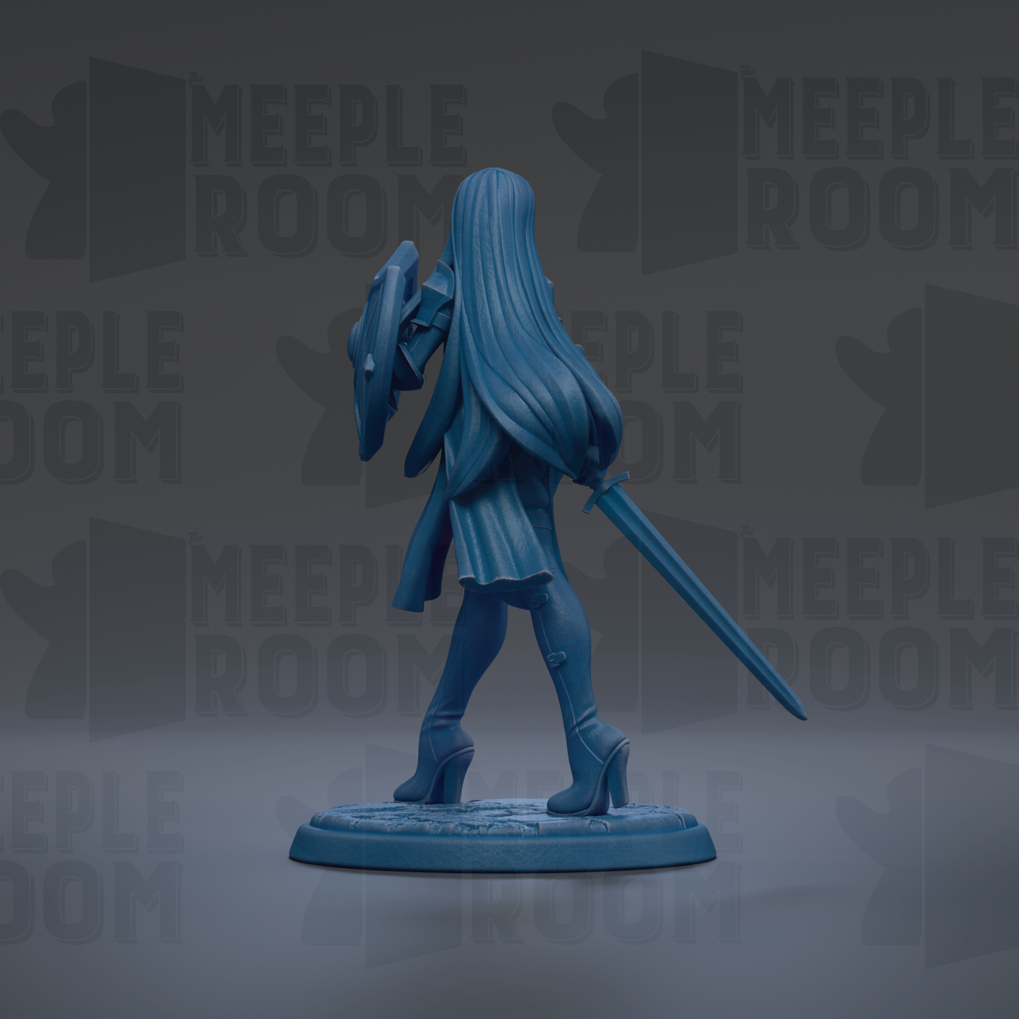 A blue figurine of a woman with long hair and a sword, standing on a base and facing away from the camera.