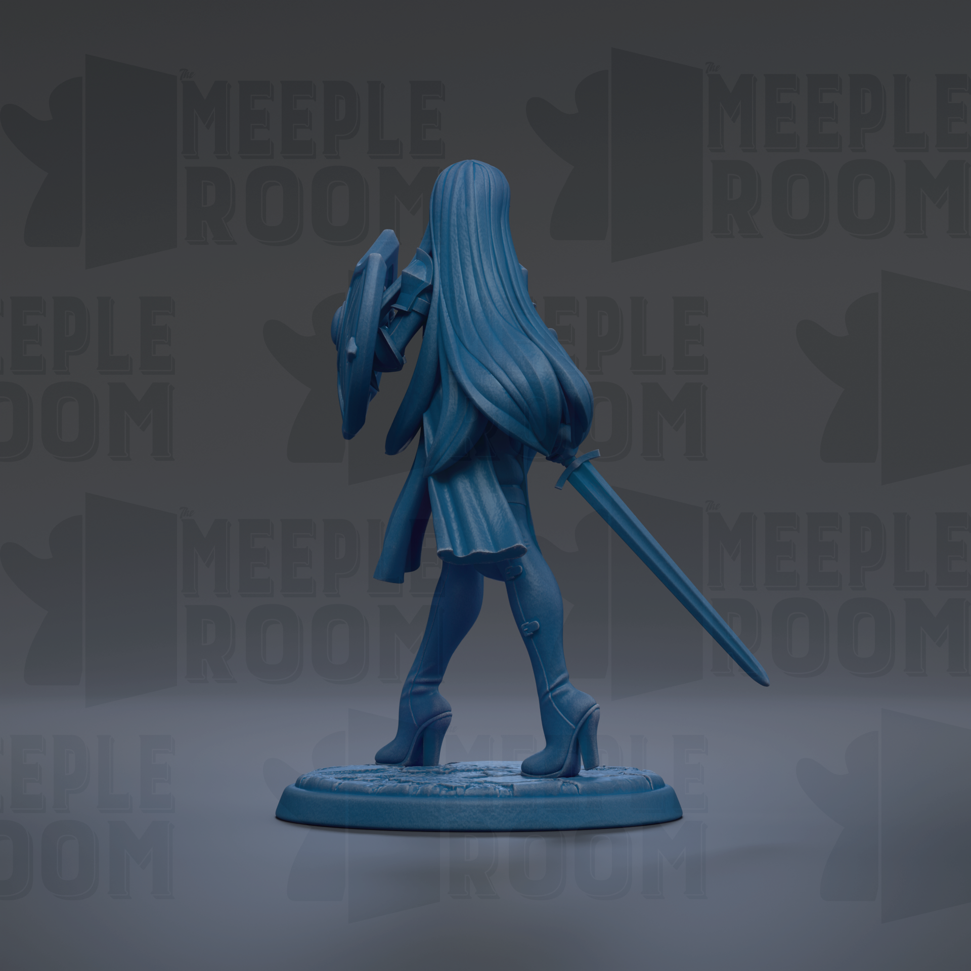A blue figurine of a woman with long hair and a sword, standing on a base and facing away from the camera.
