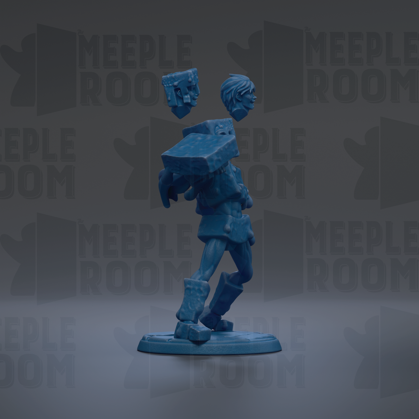 A blue figurine of a person holding a box, standing on a platform against a dark background with repeated text.