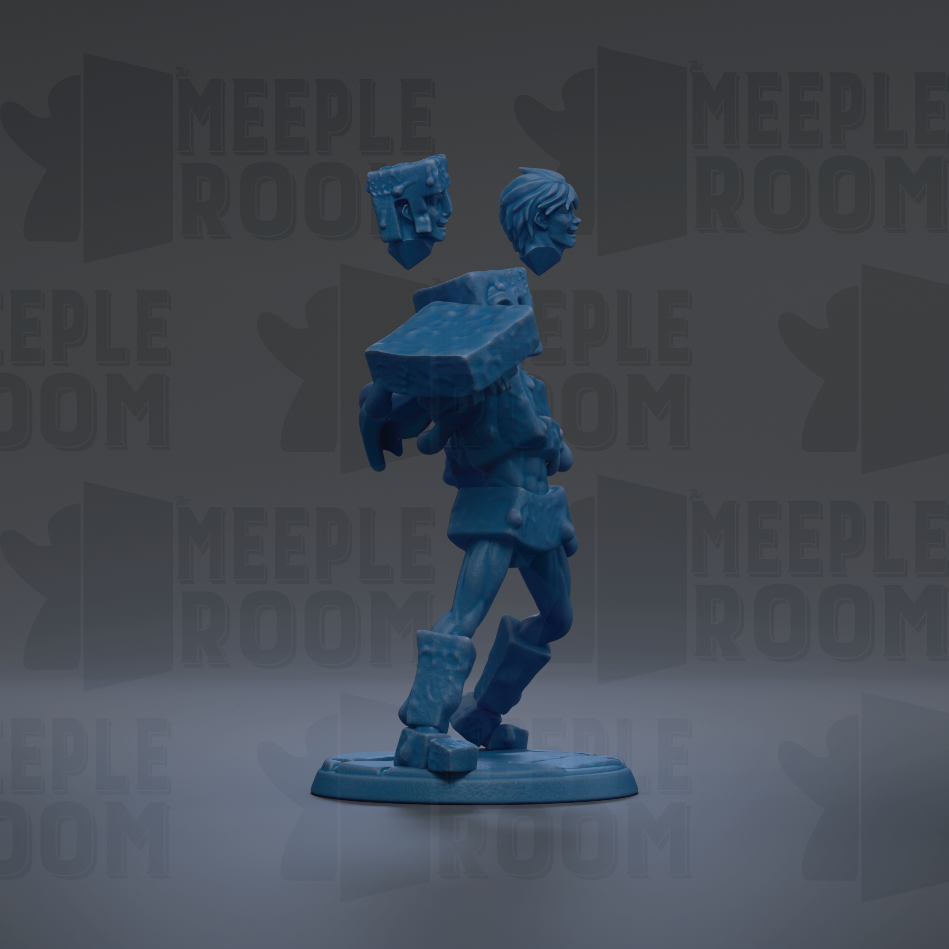 A blue figurine of a person holding a box, standing on a platform against a dark background with repeated text.