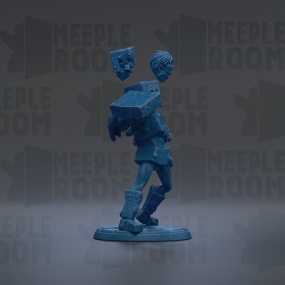 A blue figurine of a person holding a box, standing on a platform against a dark background with repeated text.