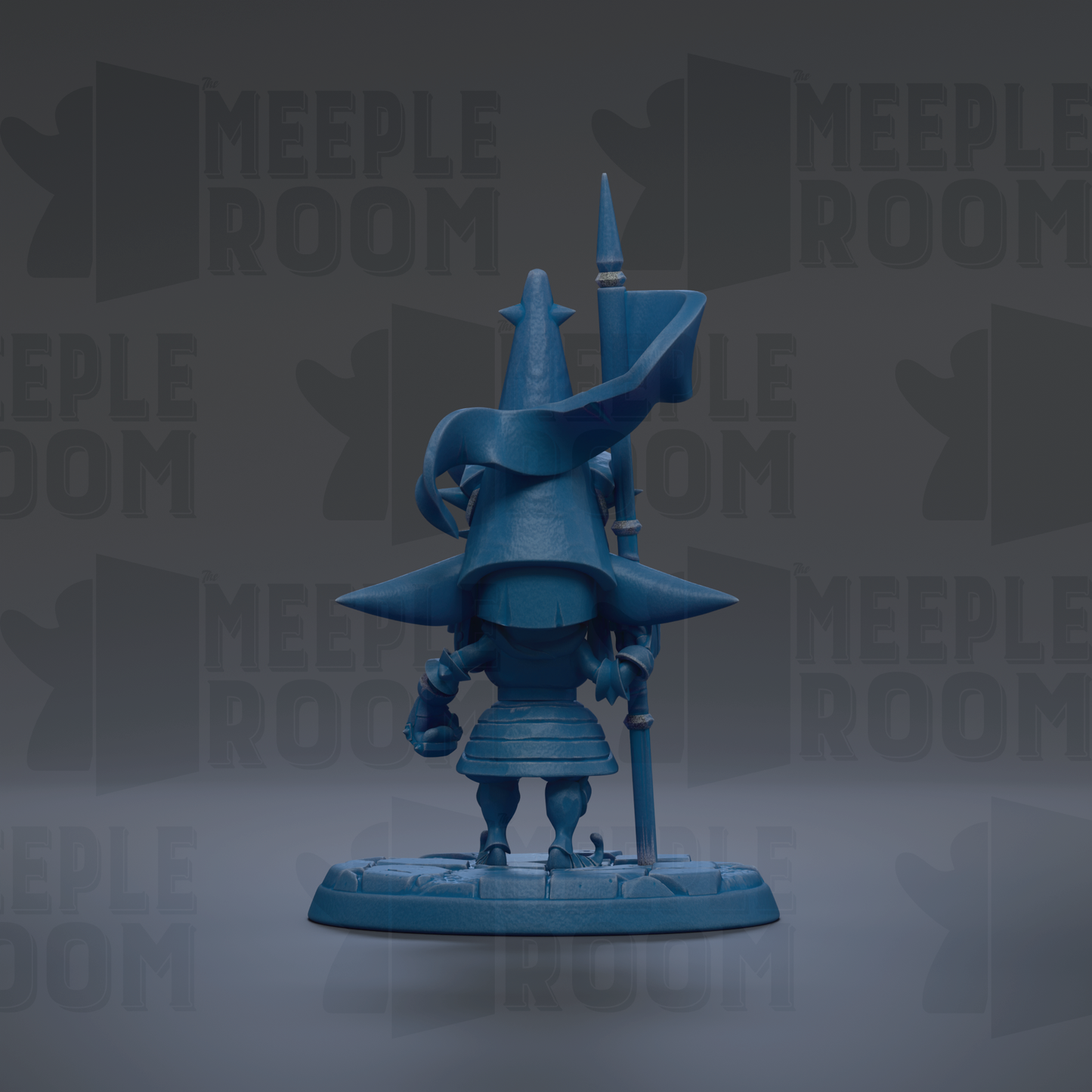 A blue figurine of a character with a pointed hat and a flag, standing on a base.