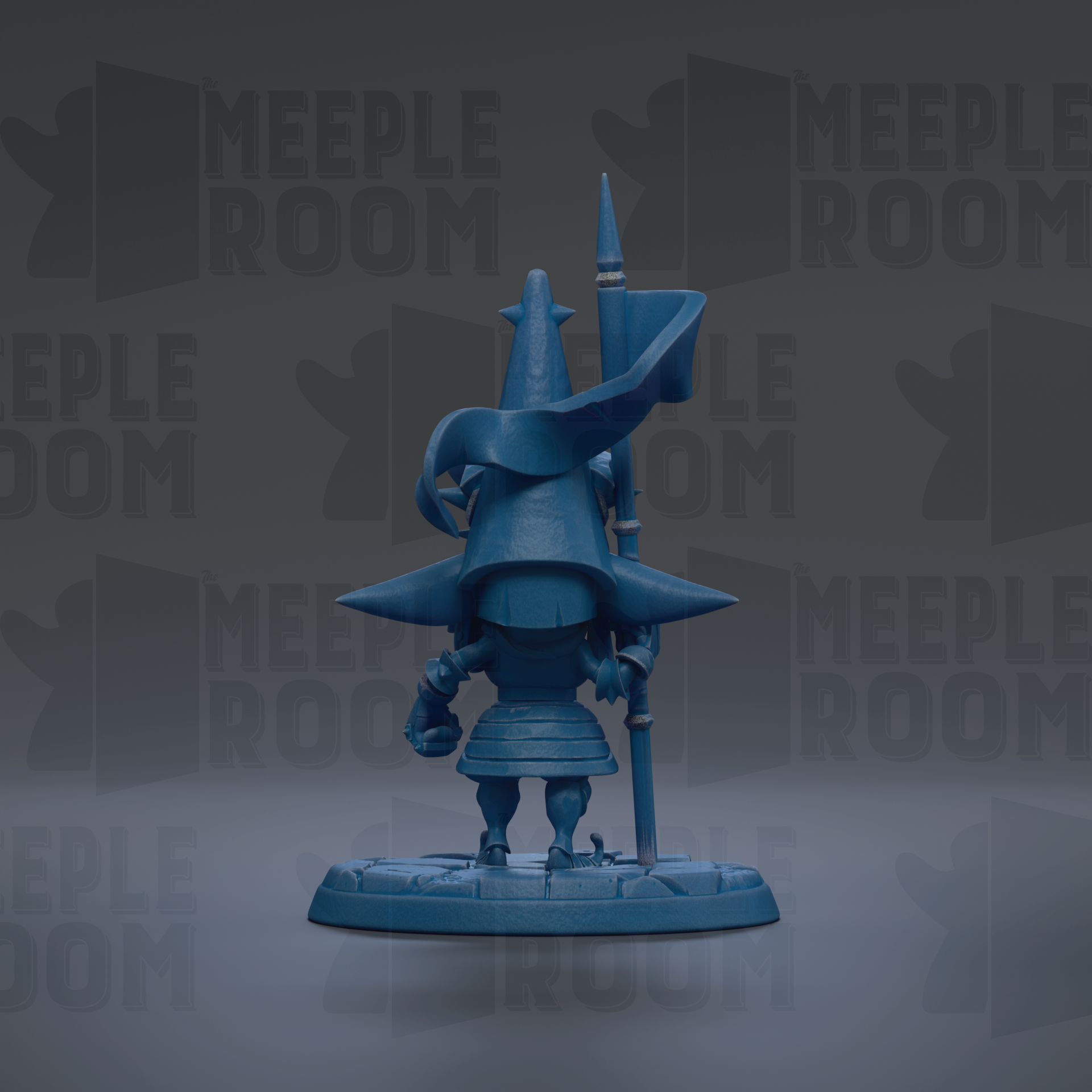 A blue figurine of a character with a pointed hat and a flag, standing on a base.