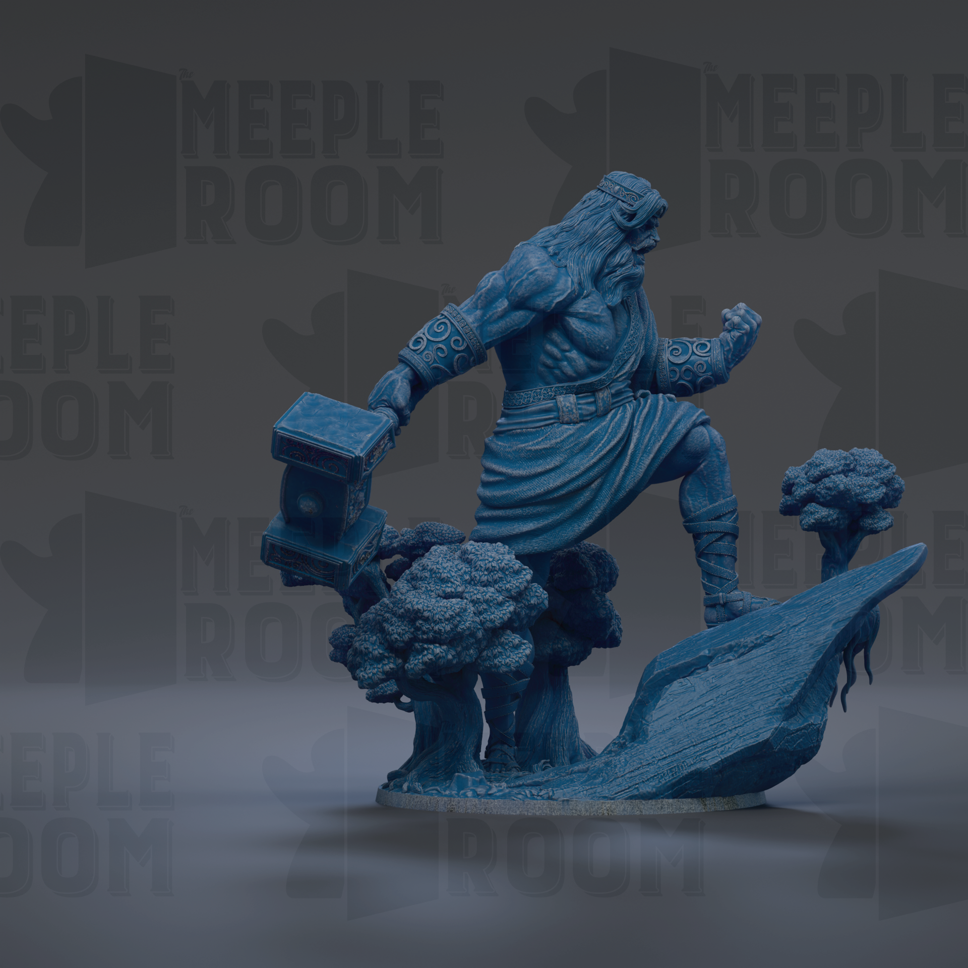A blue statue of a muscular man holding a hammer, standing on a rock formation.