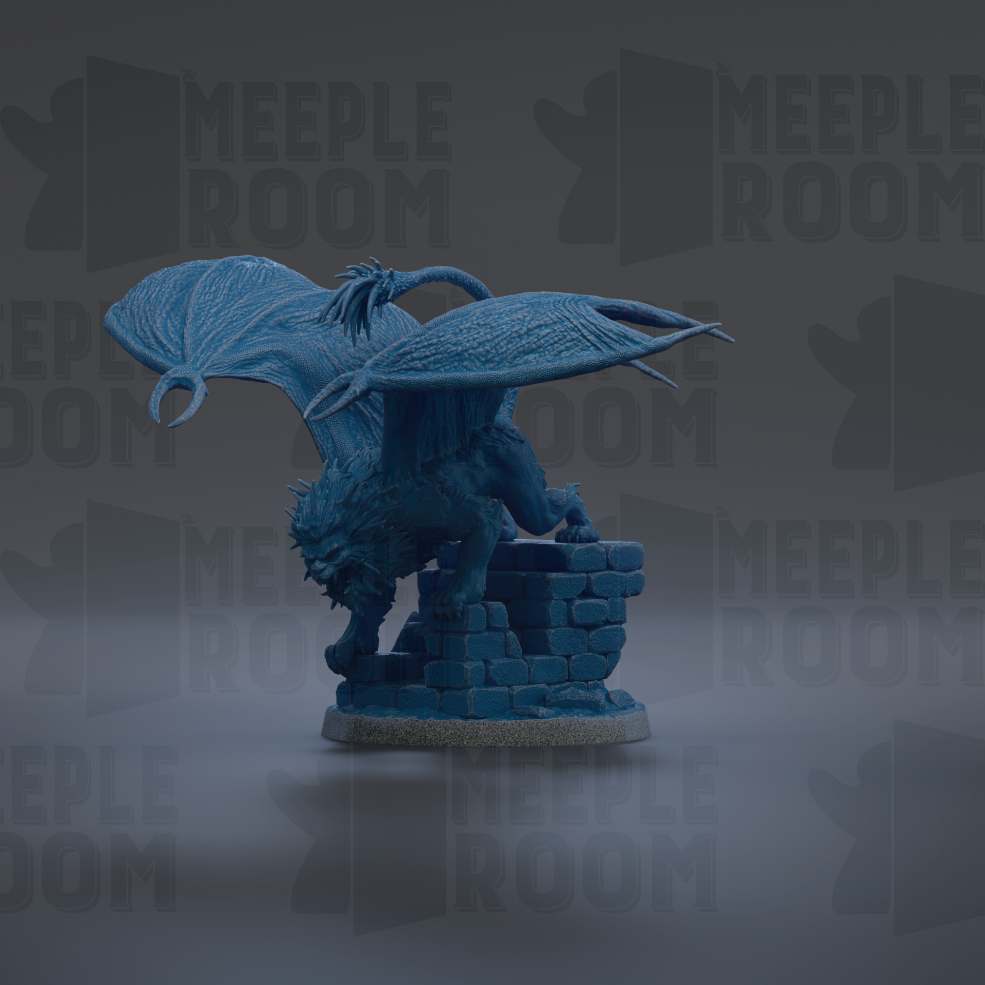 A blue dragon figurine with wings spread, standing on a brick base.