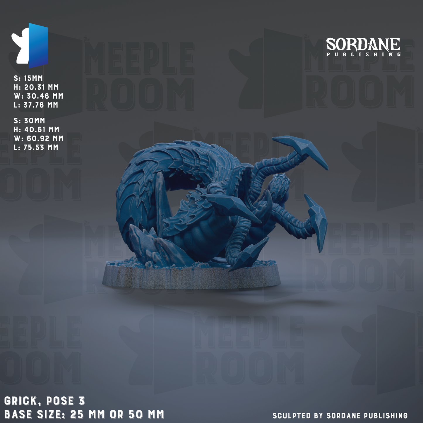 The image is a 3D rendering of a blue, clawed creature with a textured base, likely a sculpture or figurine. The creature appears to be a fantastical or mythical creature, possibly a dragon or serpent. The image is described as a "grick, pose 3" and is based on the "MEIPLE ROOM" theme. The base size of the sculpture is either 25 mm or 50 mm, depending on the perspective. The image is described as "sculpted by sordane publishing" and is part of a larger collection of images.