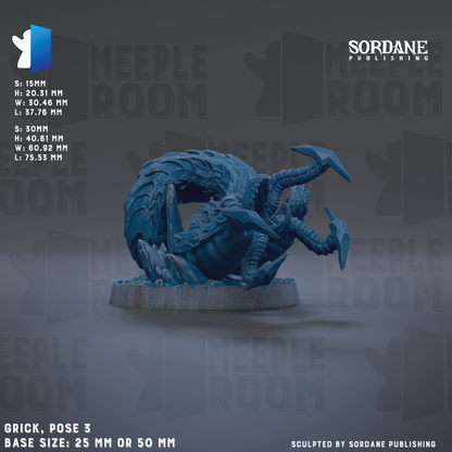 The image is a 3D rendering of a blue, clawed creature with a textured base, likely a sculpture or figurine. The creature appears to be a fantastical or mythical creature, possibly a dragon or serpent. The image is described as a "grick, pose 3" and is based on the "MEIPLE ROOM" theme. The base size of the sculpture is either 25 mm or 50 mm, depending on the perspective. The image is described as "sculpted by sordane publishing" and is part of a larger collection of images.